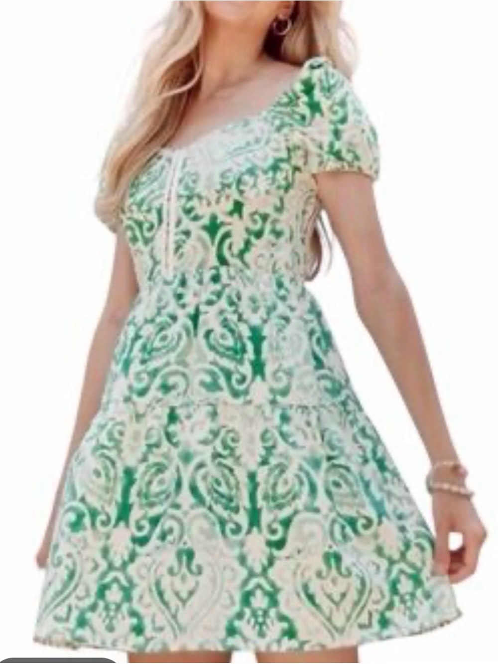 House of Harlow 1960 Green and White Printed Mini Dress Large Linen/Rayon